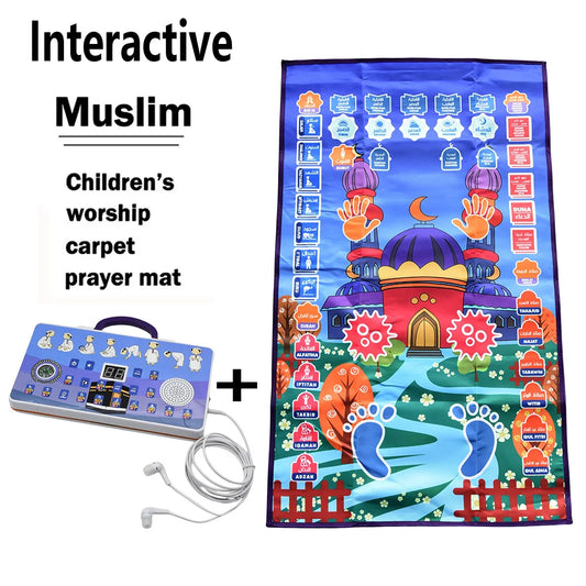 Islamic Interactive Prayer Rug Muslim Carpet for Children Worship Salat Musallah Praying Mats Electronic Digital Speaker Box Kid